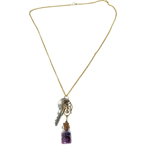 18k Gold Plated Key Heart Bird Gemstone Bottle Glass Lapis Amethyst Necklace - Picture 4 of 4